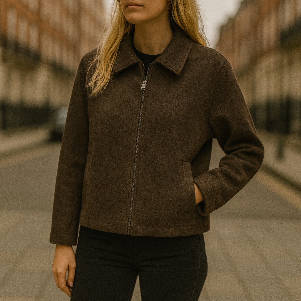 A short wool-blend jacket with a lapel collar, zip-up front, long sleeves, and a straight hem.