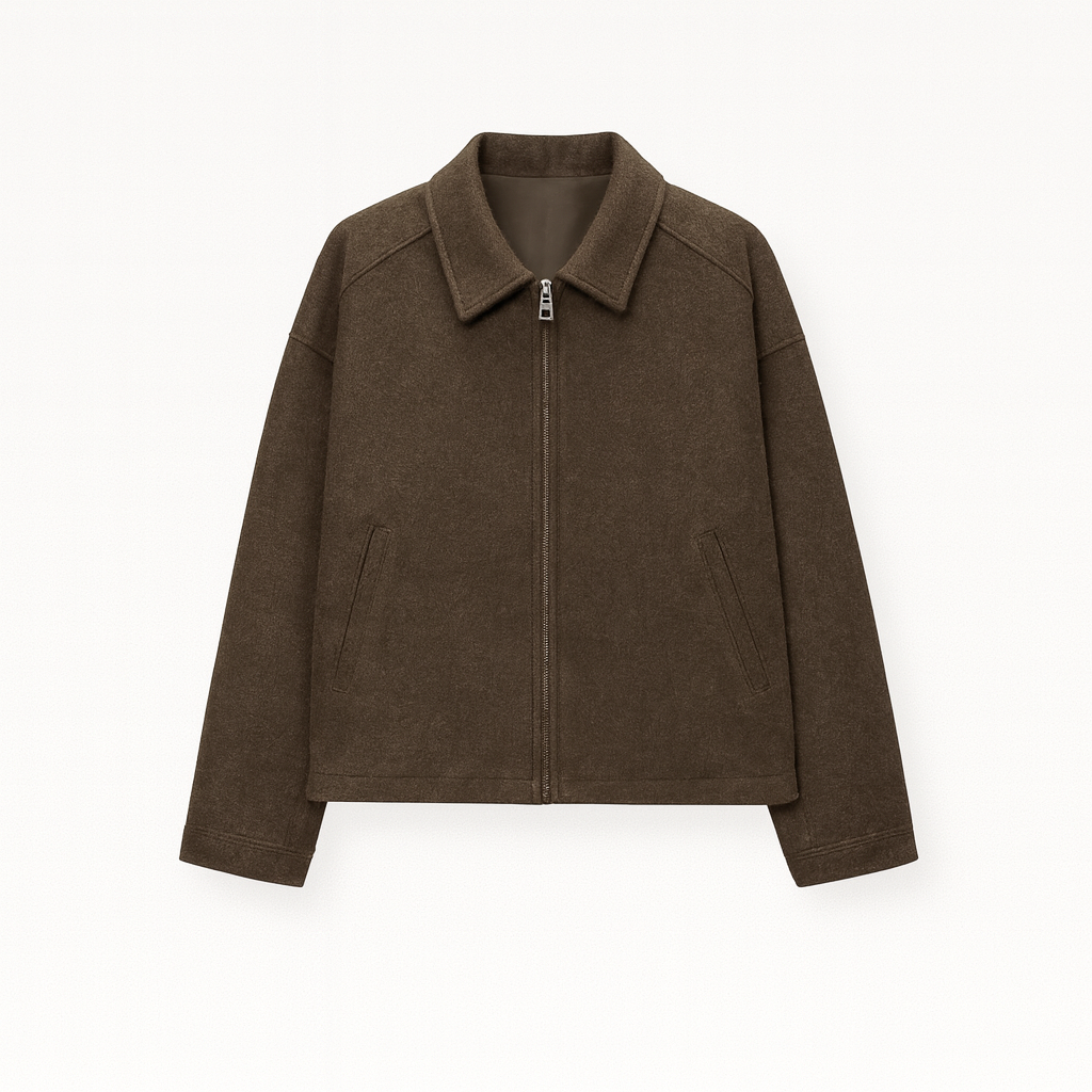 A short wool-blend jacket with a lapel collar, zip-up front, long sleeves, and a straight hem.