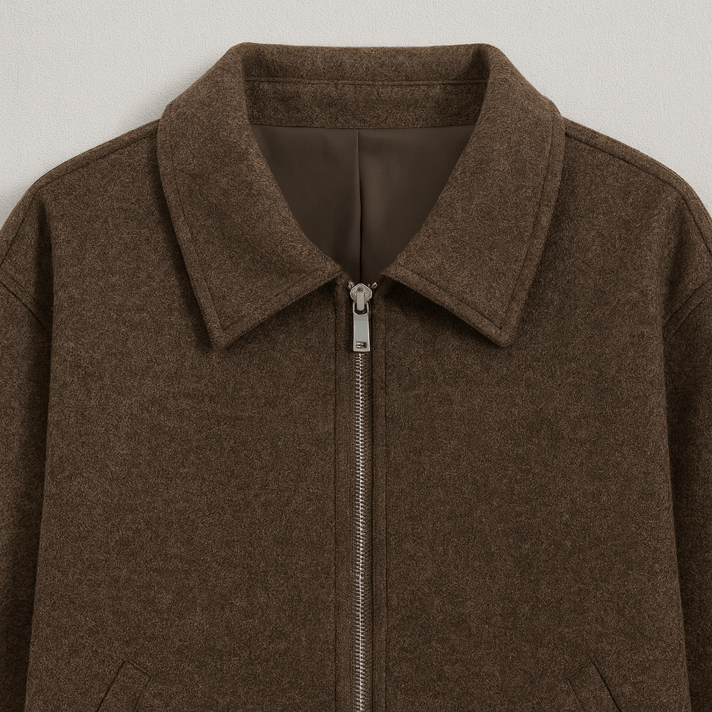 A short wool-blend jacket with a lapel collar, zip-up front, long sleeves, and a straight hem.