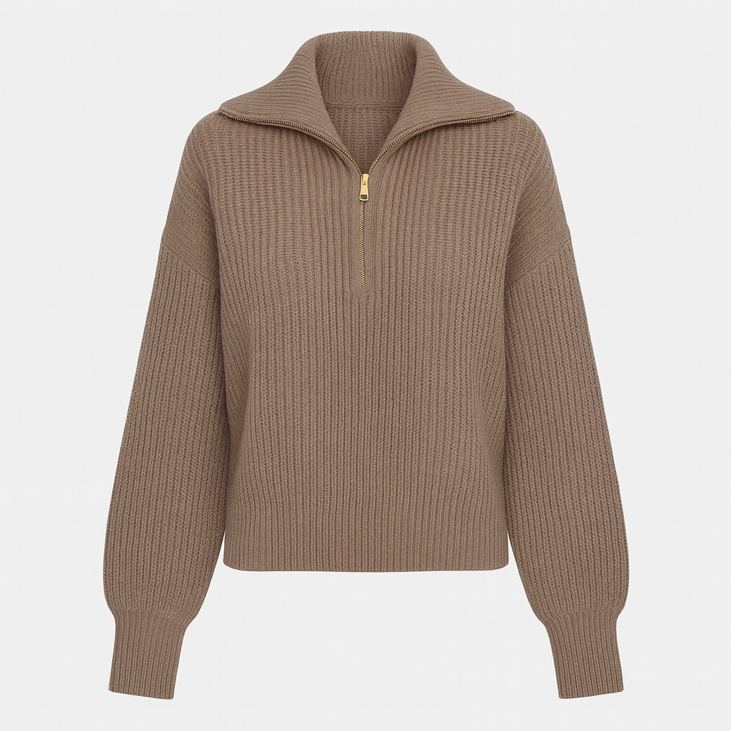 Knit zip-collar sweater with half-zip front and ribbed texture, styled for polished casual wear
