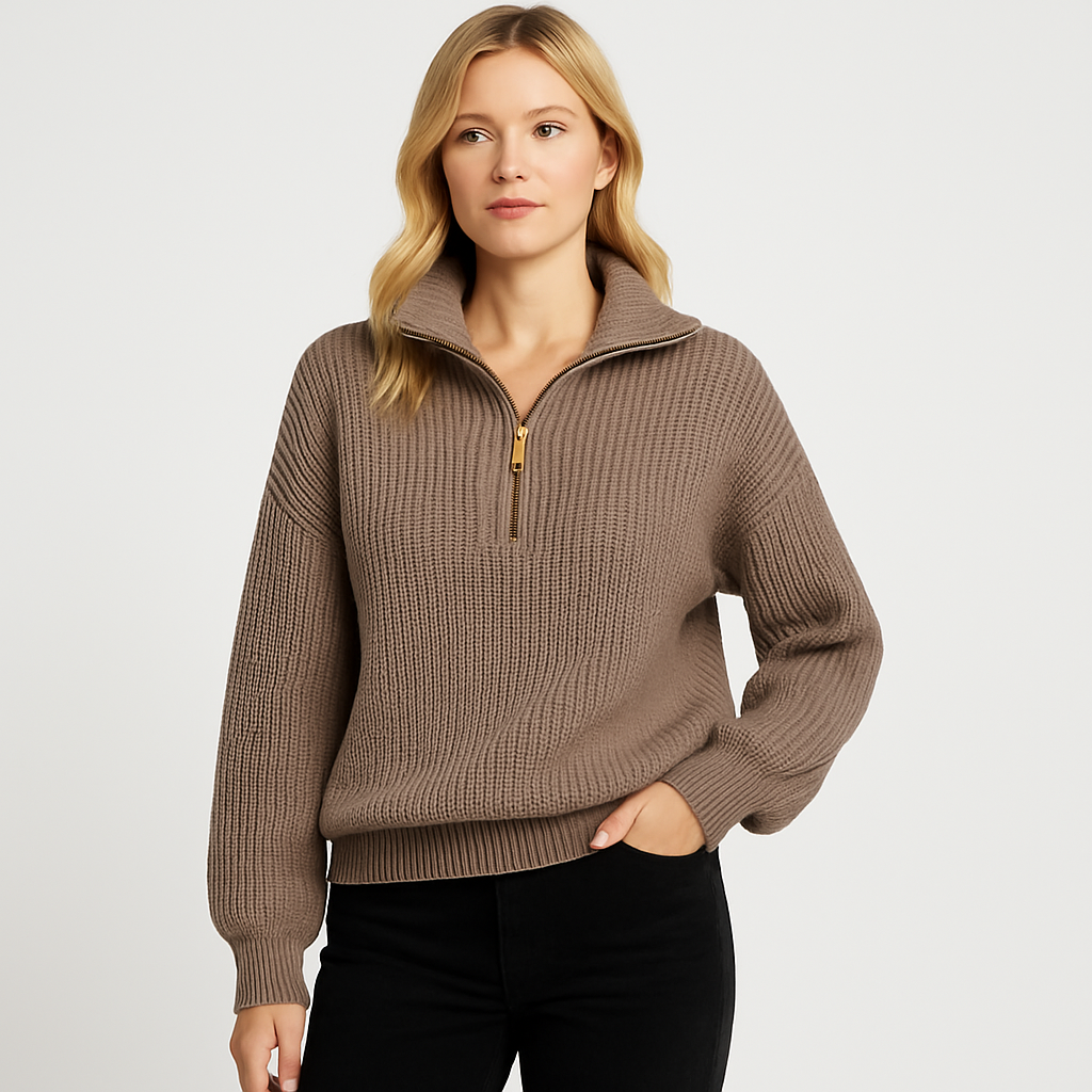 Knit zip-collar sweater with half-zip front and ribbed texture, styled for polished casual wear