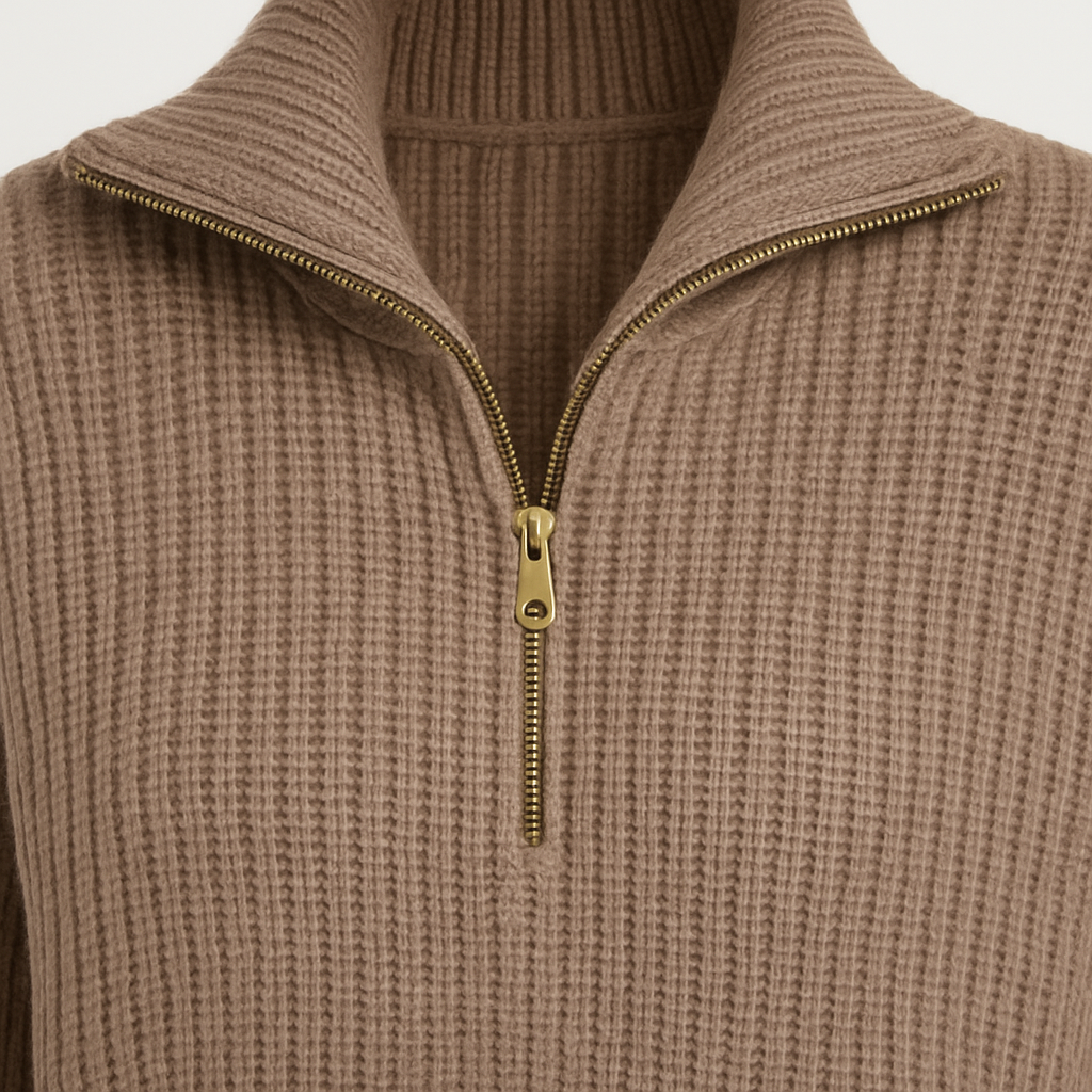 Knit zip-collar sweater with half-zip front and ribbed texture, styled for polished casual wear