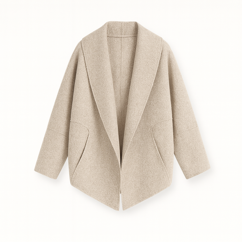 A wool-blend coat with a wide lapel collar, open front, long sleeves, and side pockets.