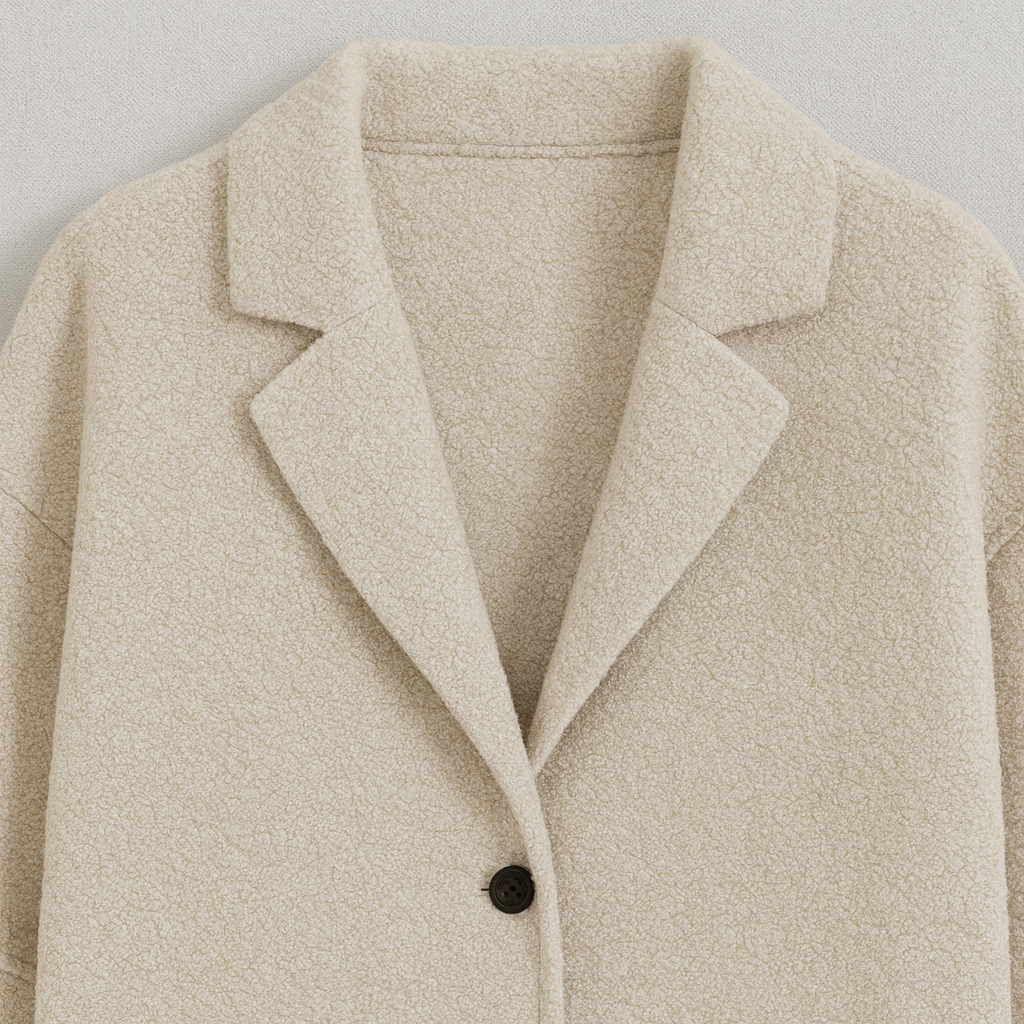 A wool-blend coat with a wide lapel collar, open front, long sleeves, and side pockets.