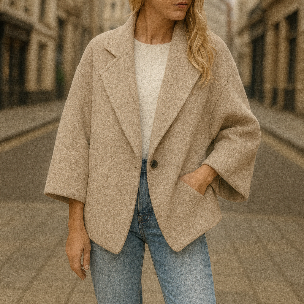 A wool-blend coat with a wide lapel collar, open front, long sleeves, and side pockets.